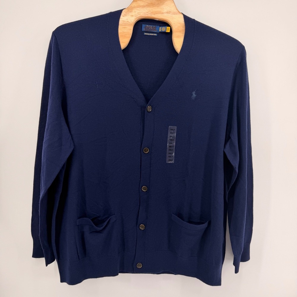Polo Ralph Lauren Cardigan Mens 4XLT Navy Blue Washable Merino Wool V-Neck Logo